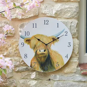 Highland Cow Indoor or Outdoor Wall Clock - Battery Powered Weather Resistant Home or Garden Round Quartz Clock - 30cm Diameter