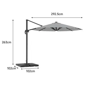 3M Grey Round Cantilever Parasol with Solar Light and Parasol Base