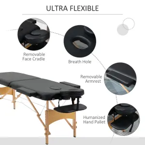 HOMCOM Wooden Folding Spa Beauty Massage Table w/ 2 Sections, Carry Bag, Black