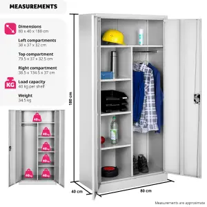 Filing Cabinet - locker with 6 shelf compartments, clothes rail, 2 wing doors - grey