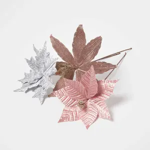 Homescapes Artificial Set of 3 Pink Poinsettia Single Stem Decorations