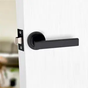 5 Set Delta Design Door Handle On Round Rose Latch Door Handles with 2.5" Tubular Latch Matt Black Finish - GG