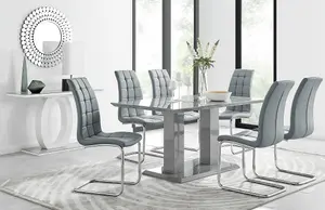 Imperia Grey High Gloss 6 Seater Dining Table with Structural 2 Plinth Column Legs 6 Grey Padded Faux Leather Murano Chairs