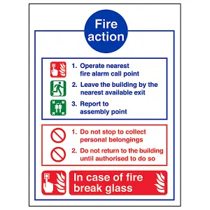 Break Glass Fire Action Safety Sign - Rigid Plastic - 150x200mm (x3)