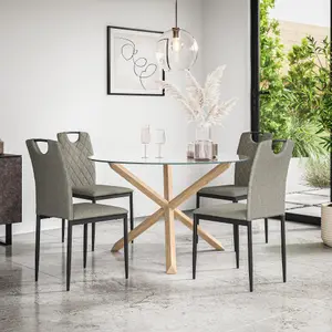 Malvern Round Dining Table And Chairs -  Clear Glass Table Top w Solid Oak Legs + Monza Fabric Dining Chair Set Of 4 (Grey)