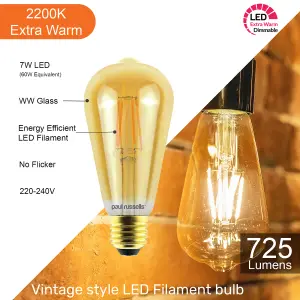 paul russells LED Filament Dimmable ST64 Bulb, ES E27, 7W 725 Lumens, 60w Equivalent, 2200K Extra Warm White Amber, Pack of 6