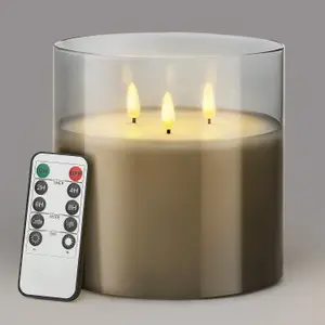 Flameless LED Candle Remote Control 3 Wick Smoked Glass Jar Real Wax Christow