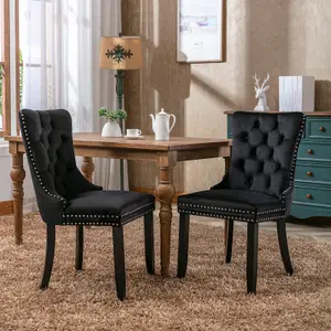 Set of 4 Lux Black Velvet Upholstered Kitchen Dining Chairs with Pull Knocker Wing Back Bedroom Office Chairs