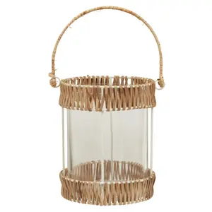 Interiors by Premier Natural Rattan Small Lantern, Rustic and Stylish Glass Lantern, White Metal and Clear Glass Candle Lantern