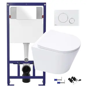 Gloss White Hidden Fixation Rimless Wall Hung Toilet Pan & 1.12m Concealed Cistern Frame WC Unit & Matt White, Trim Flush Plate