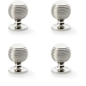 4 PACK - Reeded Ball Door Knob - 32mm Diameter Polished Nickel Lined Cupboard Pull Handle