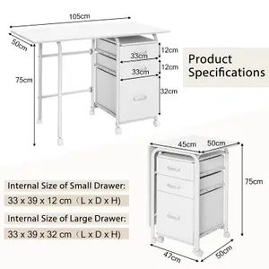 Costway Folding Computer Desk Wheeled PC Laptop Table Writing Workstation with 3 Drawers