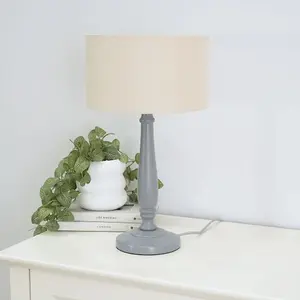 ValueLights Victoria Traditional Grey Wood Candlestick Table Lamp with Natural Drum Shade - LED Bulb Included