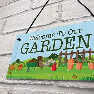 Red Ocean Welcome To Our Garden Sign Hanging Wall Door Shed Sign Gift For Him Her Home Decor Garden Plaques