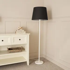 ValueLights Charles White Single Stem Floor Lamp with Black Tapered Shade and LED Bulb