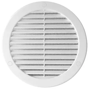 White Louvred Wall Vent Grille with Flyscreen and Screw Covers, 125 mm / 5 in, Air Ventilation Duct Cover with Flat Back