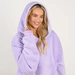 Sienna Long Hoodie Blanket Soft Sherpa Fleece Oversized Sweatshirt - Lilac