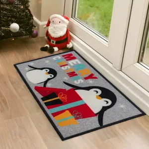 JVL Christmas Machine Washable Door Mat - 40x57cm - Penguins