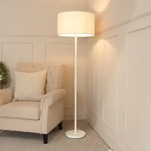 ValueLights Charles White Single Stem Floor Lamp with White Drum Lamp Shade and LED Bulb