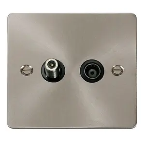 Flat Plate Satin / Brushed Chrome Satellite And Isolated Coaxial 1 Gang Socket - Black Trim - SE Home