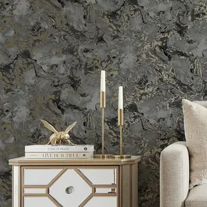 Liquid Marble Wallpaper In Charcoal And Gold