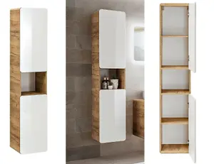 Bathroom Furniture Set 800 Wall Vanity Unit with Sink + Tall Slim Cabinet White Gloss Oak Arub