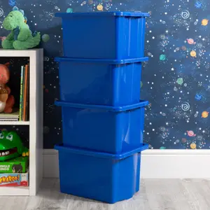 Wham 4x Stack & Store 24L Blue Plastic Storage Boxes. Home, Office, Classroom, Playroom, Toys, Books. L42 x W32 x H25cm