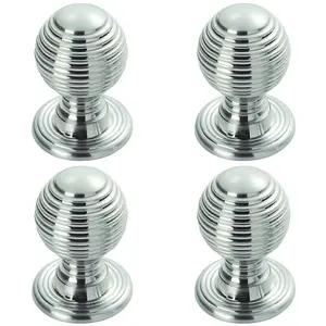 4 PACK - Reeded Ball Door Knob - 35mm Polished Chrome Lined Cupboard Pull Handle & Rose