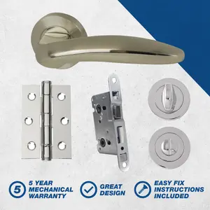 UAP Developer Lancer - Door Handle Pack with Hinges and Bathroom Lock - Polished Chrome/Satin Nickel