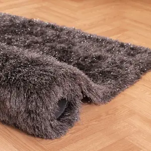 Charcoal Plain Shaggy Modern Sparkle Rug for Bedroom Living & Dining Room - 160cm X 225cm (5ft. 2in. X 7ft. 4in.)