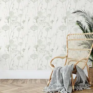 Catherine Lansfield Meadowsweet Floral Wallpaper Sage Green Muriva 165584