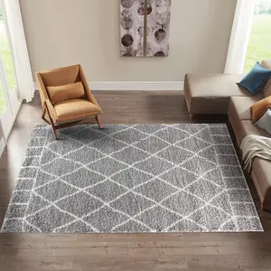 Modern Grey Geometric Marrakesh Shaggy Area Rug - 120x170 cm