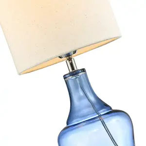 Modern Midnight Blue Glass Lamp with Natural Linen Fabric Shade and Clear Cable