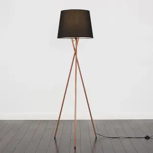 ValueLights Camden Modern Copper Metal Tripod Floor Lamp with Black Tapered Shade - Includes 6w LED Bulb 3000K Warm White