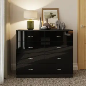 Black Gloss 8 Drawer Chest Of Drawers 4+4 Bedroom Furniture