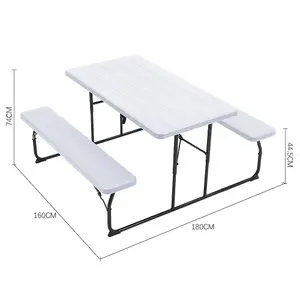 White Picnic Foldable Table Bench Set 6 Seater Camping Table Set Garden Picnic and Bench Set with Parasol Hole