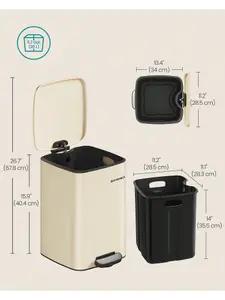 SONGMICS  Kitchen Bin, 5.2-Gallon (20 L) Trash Bin, Steel Pedal Bin, With Inner Bucket, Soft Close And Stays Open