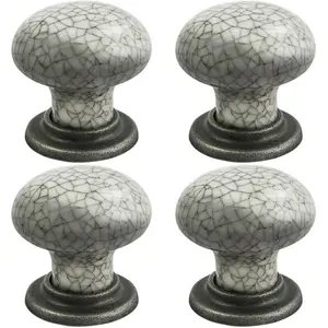 4x Porcelain Mushroom Cupboard Door Knob 36mm Dia Antique Steel Blue Glaze