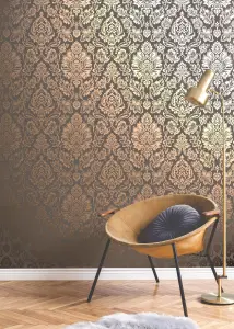 Fine Decor Platinum Damask Rose Gold Wallpaper FD42563