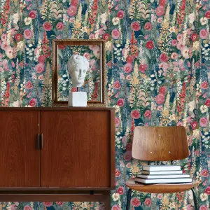 Grandeco Handpainted Delphinium Forest Floral Garden Textured Wallpaper, Navy Blue