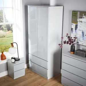 Home Source Lugano Grey 2 Door 2 Drawer Wardrobe High Gloss Door & Drawer Fronts