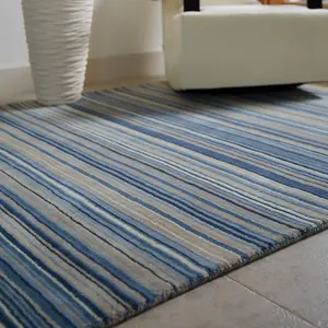 Blue Beige Wool Handmade Modern Striped Rug for Living Room and Bedroom-67cm X 200cm