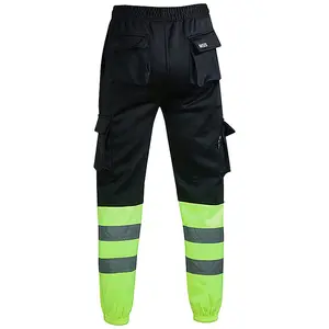 MS9 Mens Hi Viz Vis High Visibility Fleece Cargo Work Trousers Joggers Pants, Black and Yellow - L