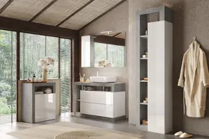 FURNICOMP Lorenzo 2 Door White Gloss and Concrete Grey Tall Bathroom Storage Cupboard