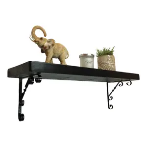 Solid Wood Handmade Rustical Shelf Black Ash 225mm 9 inch with Black Metal Bracket WO Length of 220cm