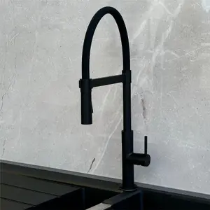 Liquida W24MB S shape Swan Neck 360 Degree Swivel Matt Black Kitchen Tap