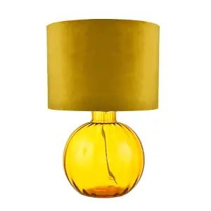 Contemporary Ochre Ribbed Glass Table Lamp with Soft Velvet Mustard Shade