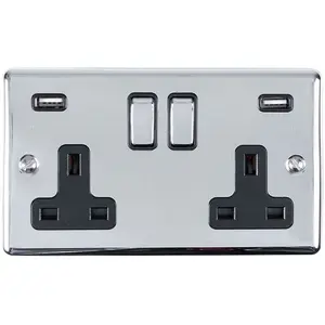 2 Gang Single UK Plug Socket & Dual 2.1A USB CHROME & Black 13A Switched