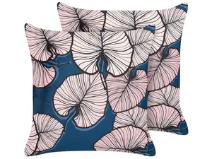 Set of 2 Cushions CHRYSANTHEMUM Velvet 45 x 45 cm Plant Dark Blue