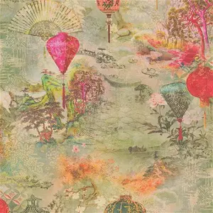 Oriental Wallpaper In Green And Pink | Vintage Floral Wallpaper For Dining Room | Green And Pink Japanese Style Wallpaper